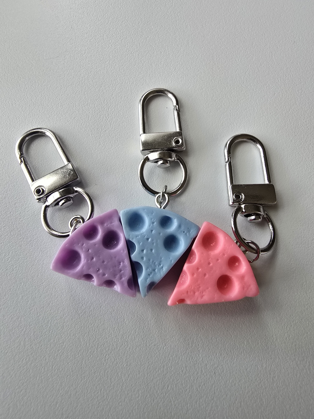 Cute Pastel Cheese Slice Keychain Set for Kids - Purple, Blue & Pink
